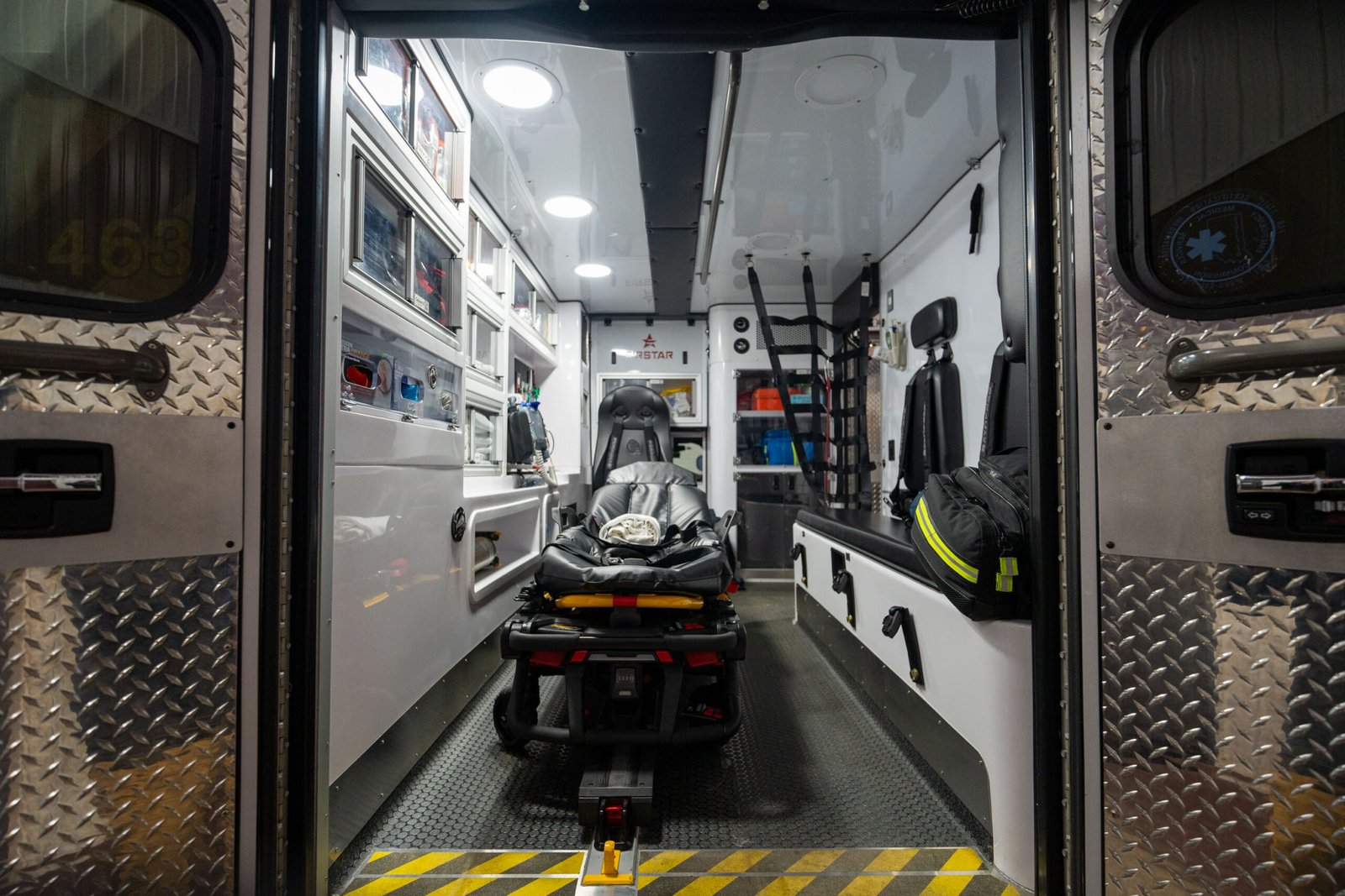 Inside the back of an ambulance design for basic life support bls