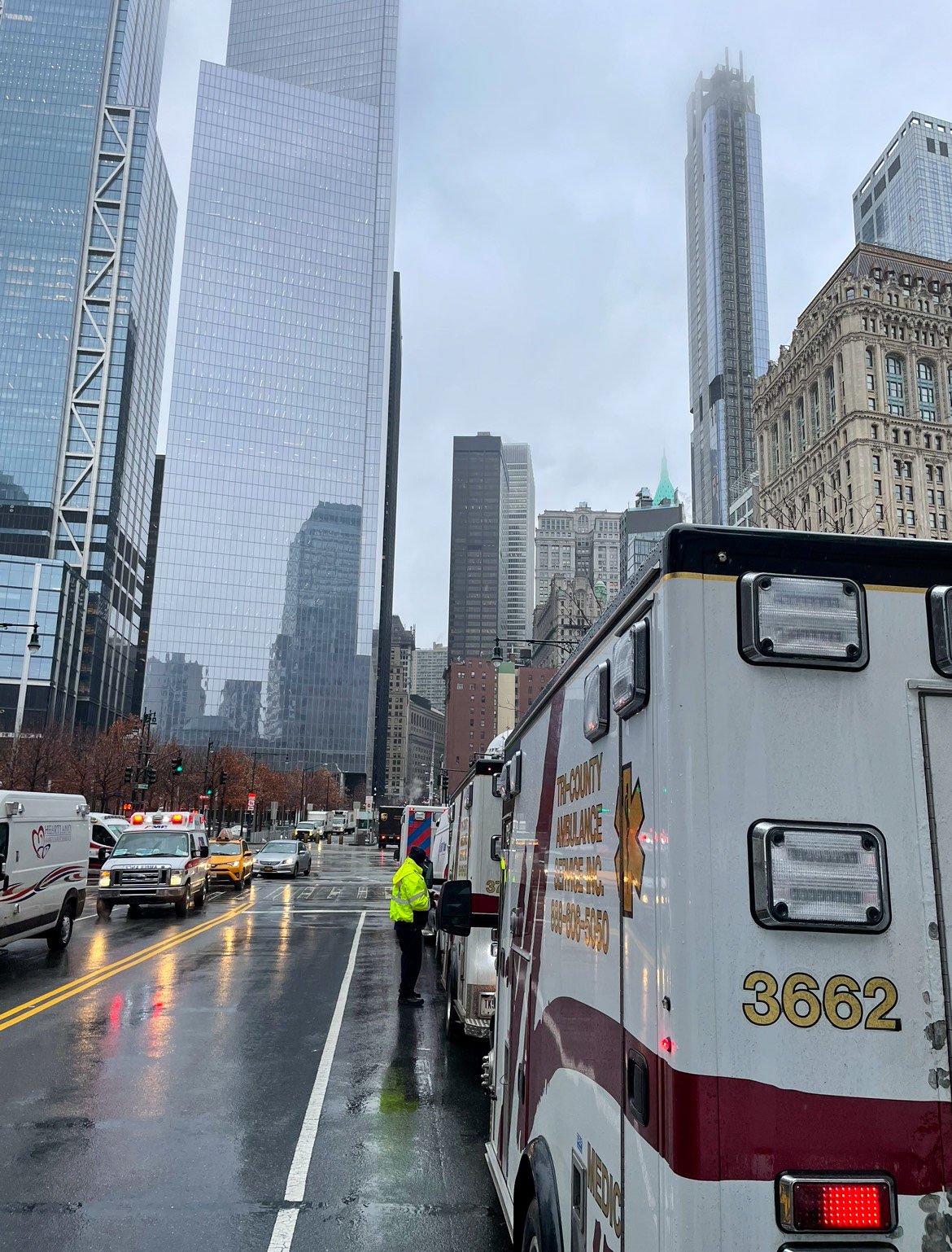 EMT Deployment Ambulance on a busy street in the middle of the large city for advanced life support service