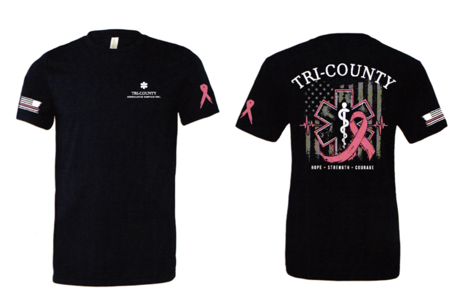 2026 Tri-County Ambulance Service Breast Cancer Awareness T-Shirt showing the front and back design